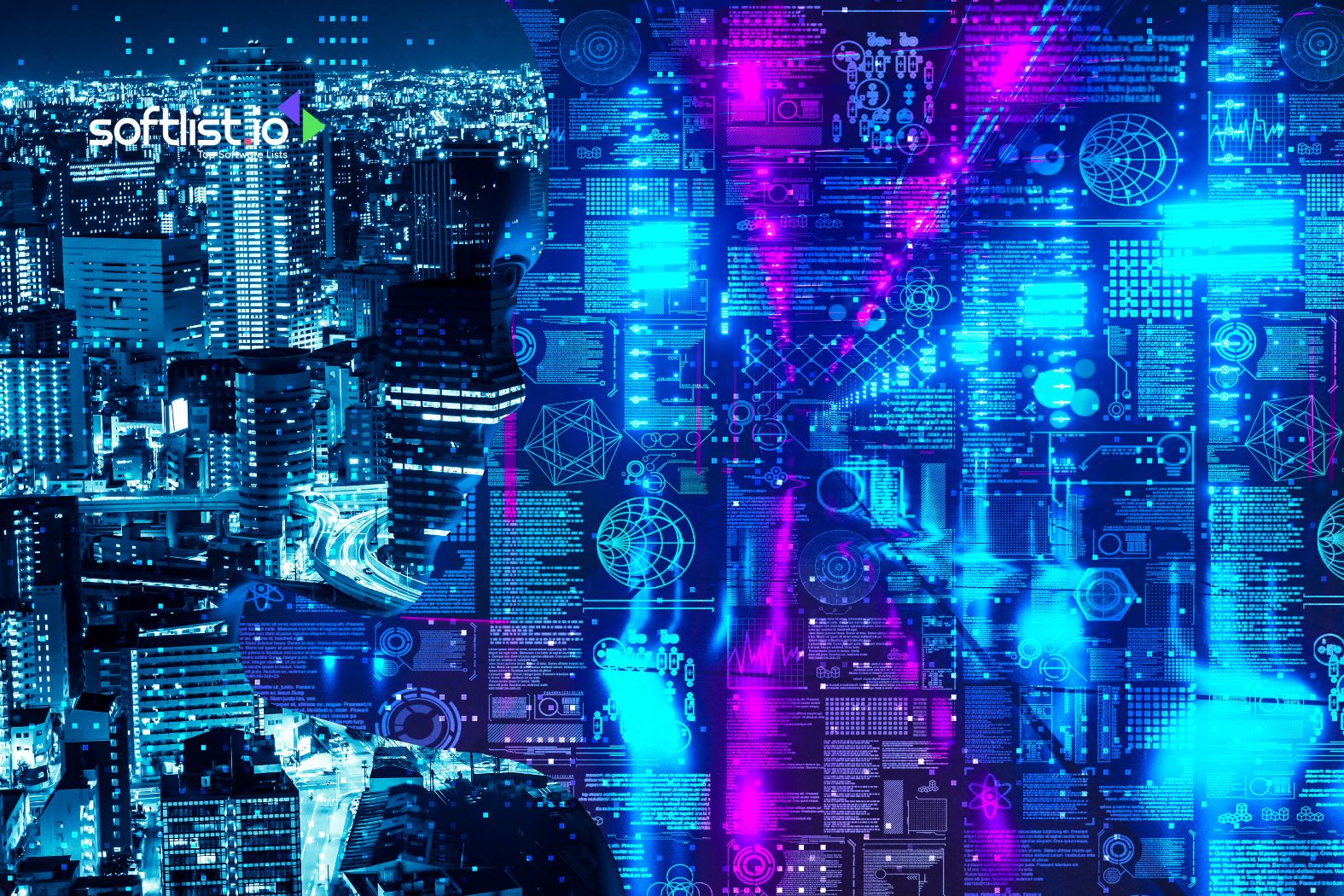 Cityscape with digital holographic data overlay, representing technology