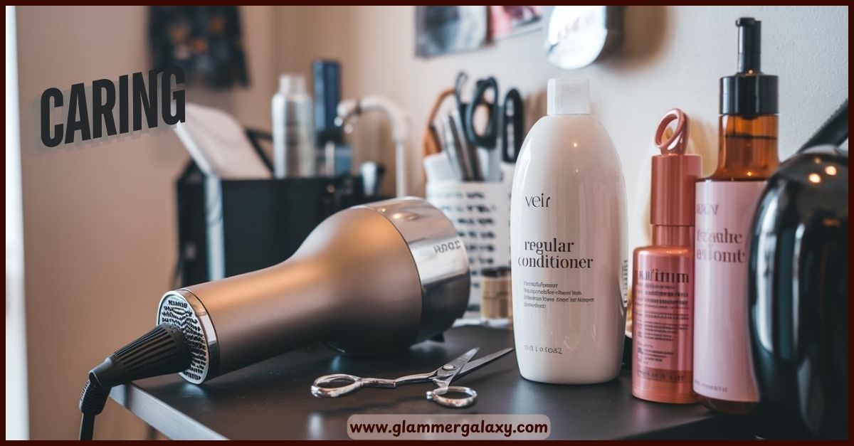 Haircare products and tools on a table for straight hair with curled ends.