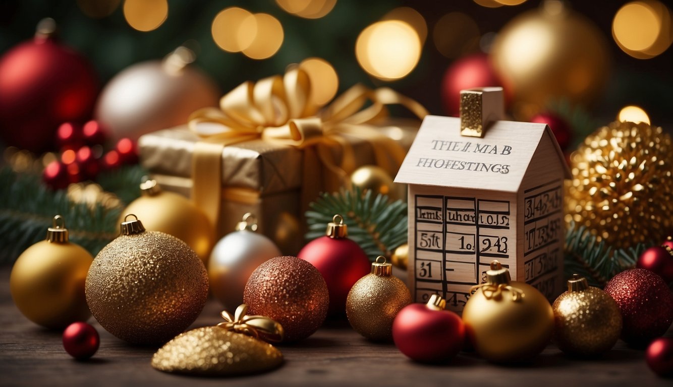 A festive display of seasonal products and gift items arranged on a calendar backdrop, with holiday symbols and decorations