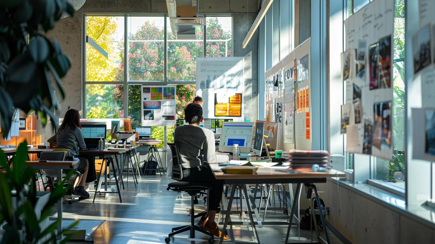 a vibrant workspace filled with dynamic branding concepts and mood boards, illuminated by natural light, showcasing the harmonious collaboration between design experts and innovative ideas for impactful brand identity.