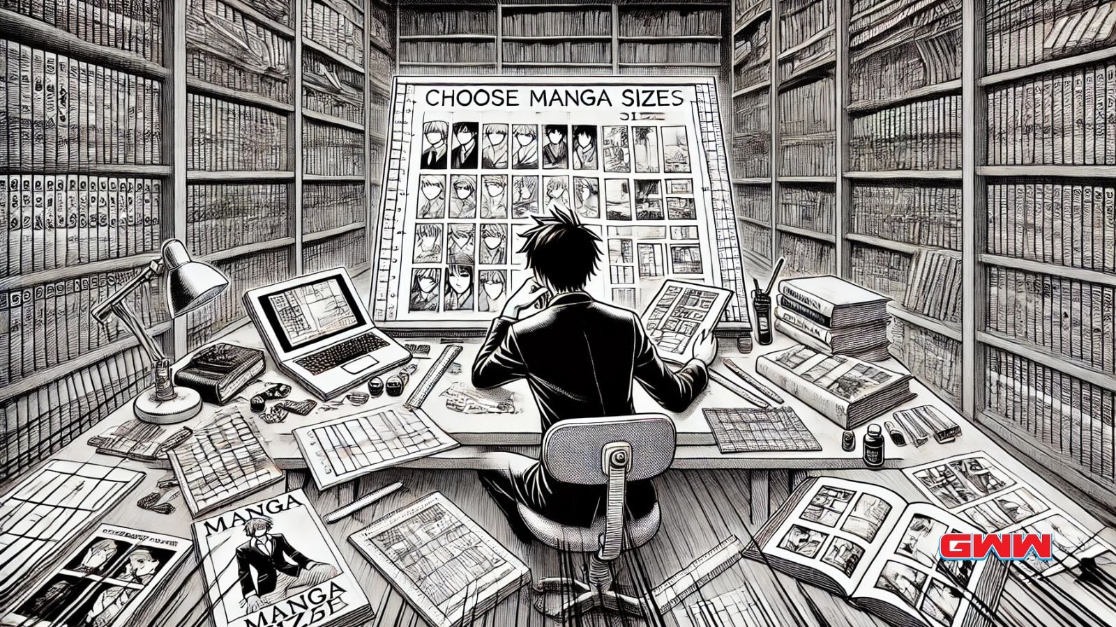 Manga creator surrounded by books, comparing sizes for optimal dimensions.