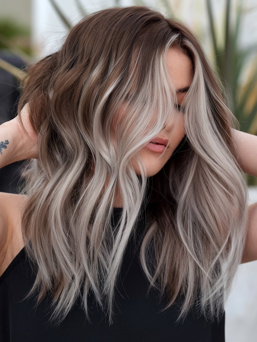 17. Brown Hair with Chunky Platinum Highlights