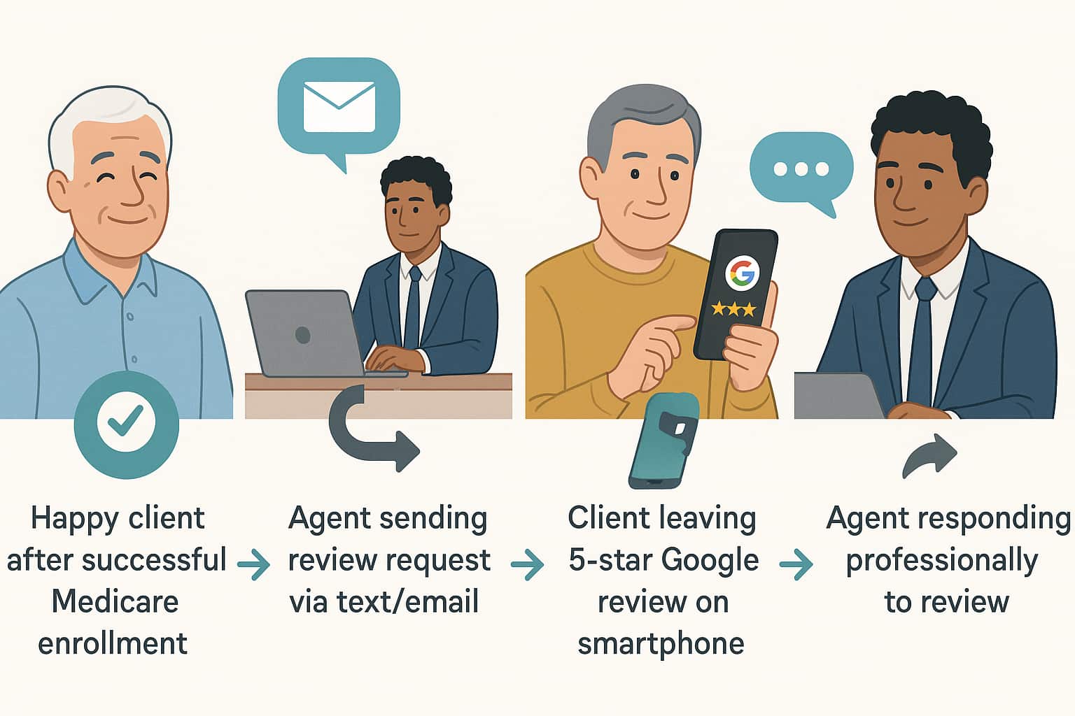 Review generation process for health insurance agents to build trust and attract more commercial insurance leads and Medicare marketing opportunities.