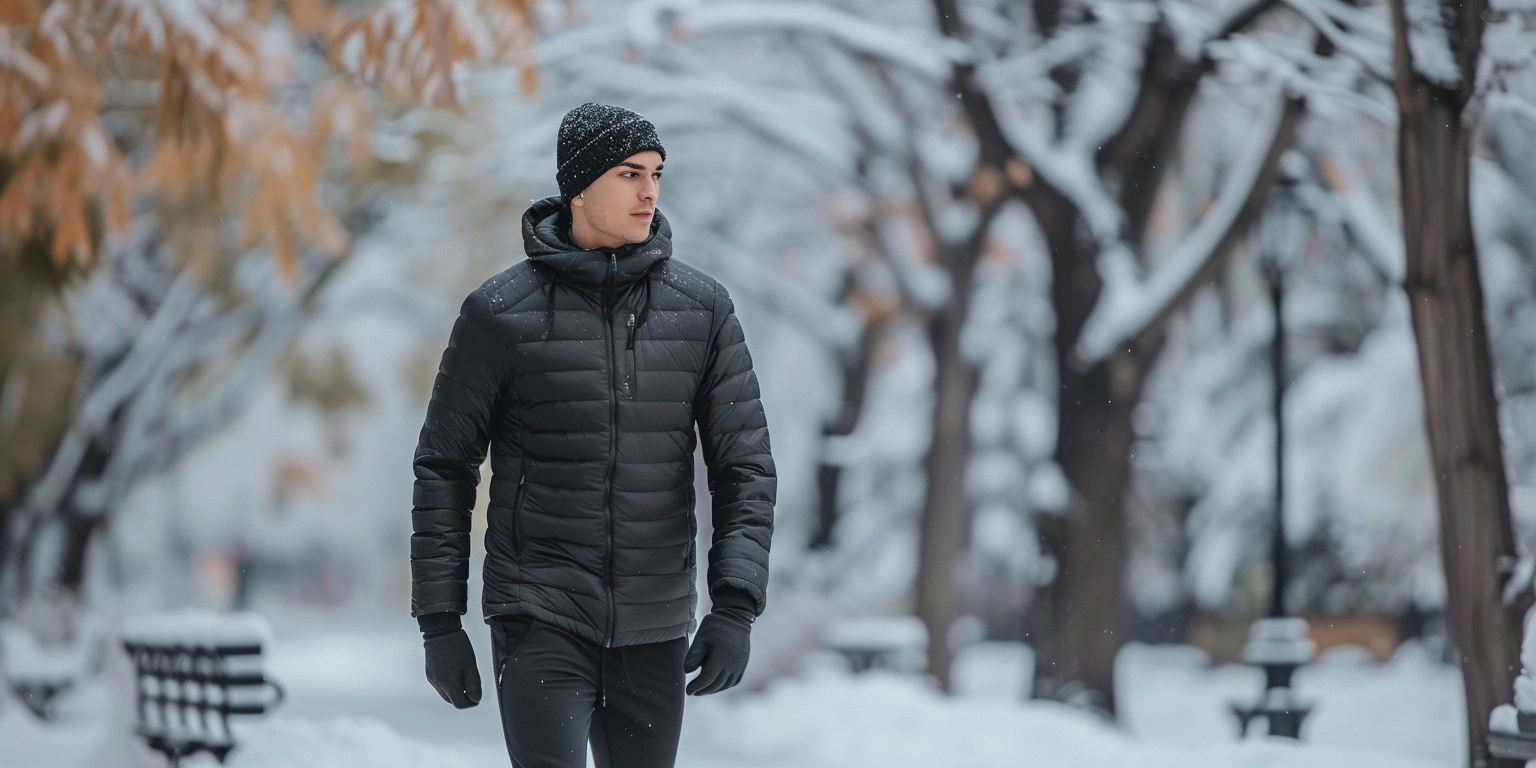 a man in a black quilted puffer jacket, joggers, and boots, walking through a snowy park, cold winter day, sporty and functional style