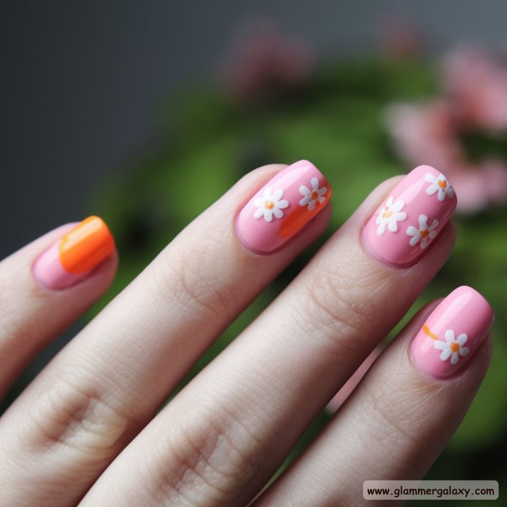 Orange and Pink Summer Nails with Delicate Ditsy Flowers