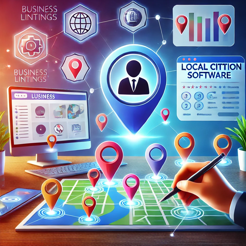 Illustration promoting local SEO success, featuring the headline “Get Ahead in Local Search: How Citation Builder Pro Drives Real Results,” with icons of location pins, search bars, charts, and business listings.