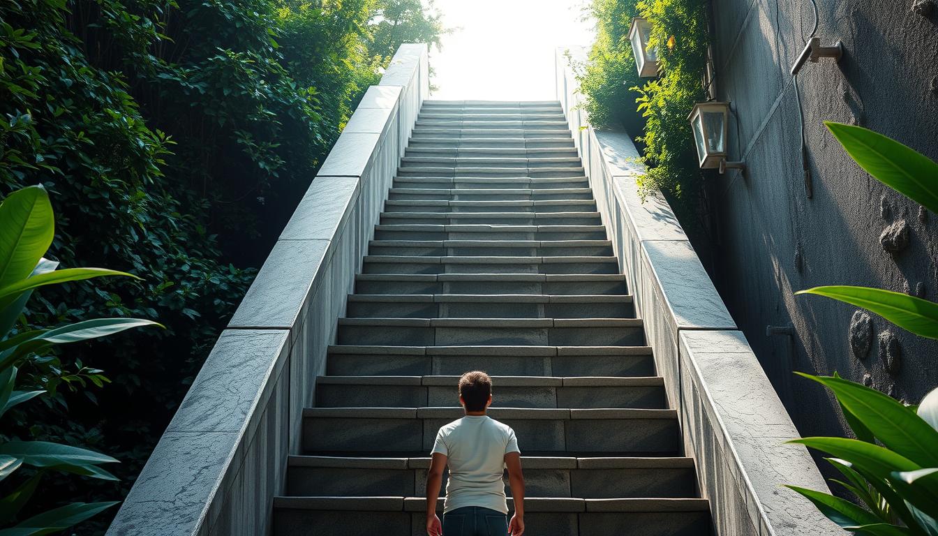 A person at the bottom of a staircase, looking up towards the top with hesitant but determined body language. The stairs are made of grey stone and are surrounded by lush green plants. Above the staircase is a glowing light that symbolizes positivity and hope.