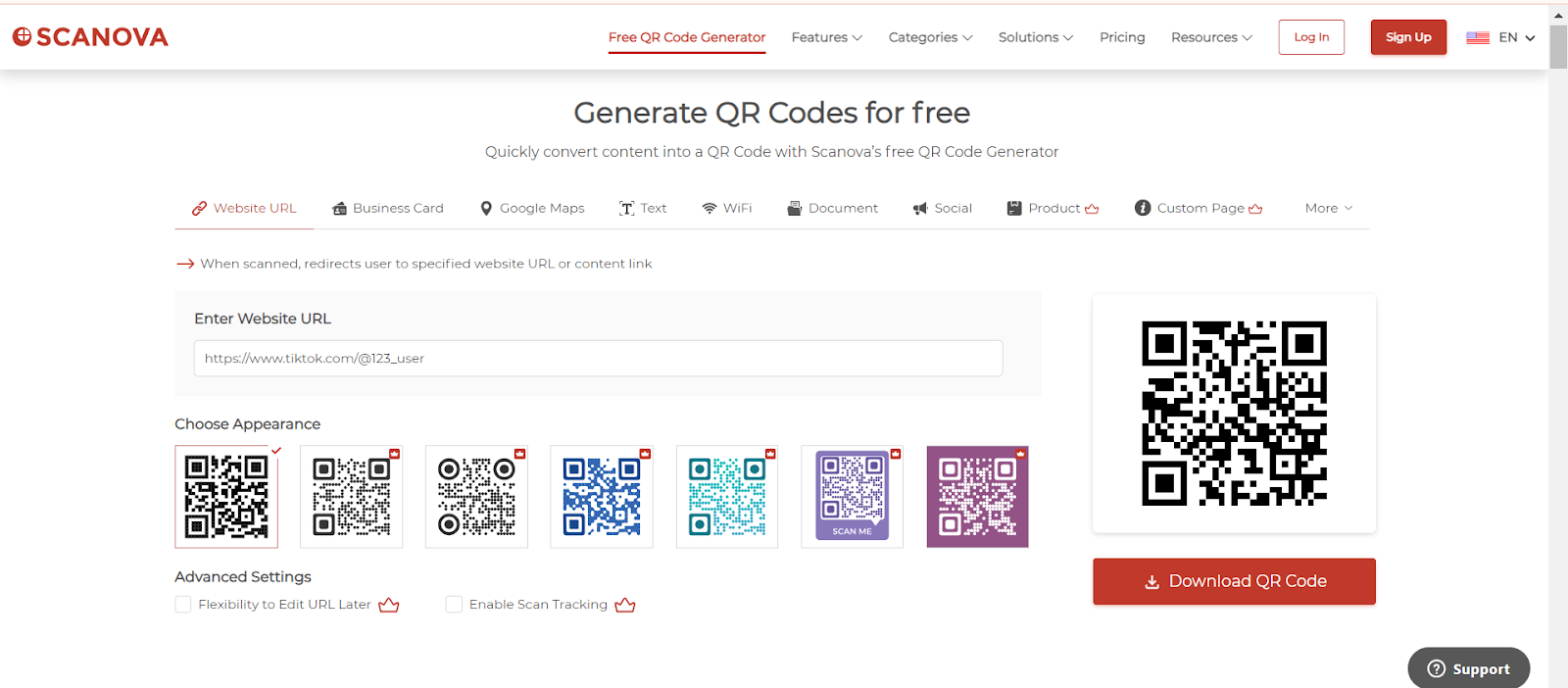 Scanova's free QR code generator interface showing how to create a TikTok QR Code.