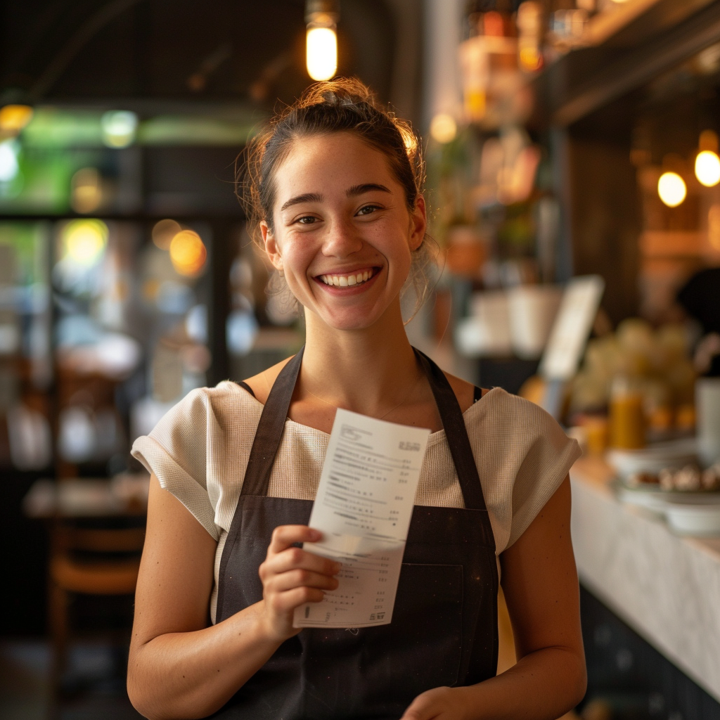 A smiling waitress holding a bill | Source: Midjourney