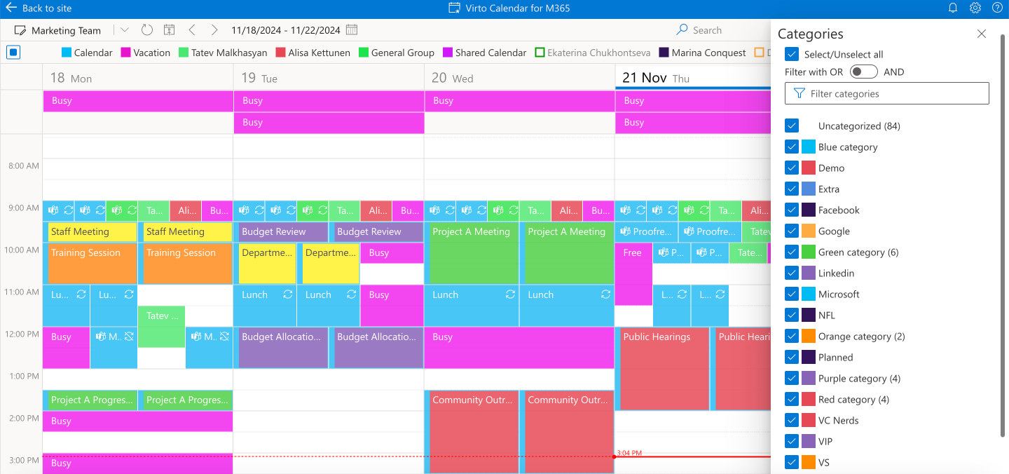 Pic. 3. Sample color-coded overlaid Virto Calendar with categories.