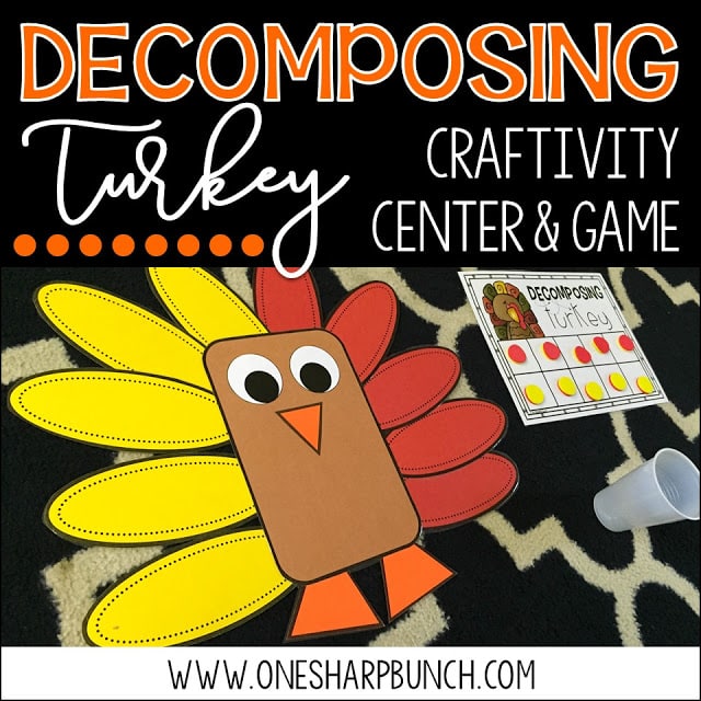 Build number sense with these interactive and thematic Decomposing Turkey activities! Gather the correct number of red and yellow feathers and place them around the turkey craft. Don’t forget to sing the fun chant!