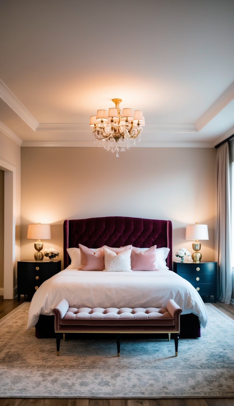 A luxurious master bedroom with a plush velvet headboard, soft lighting, and romantic decor