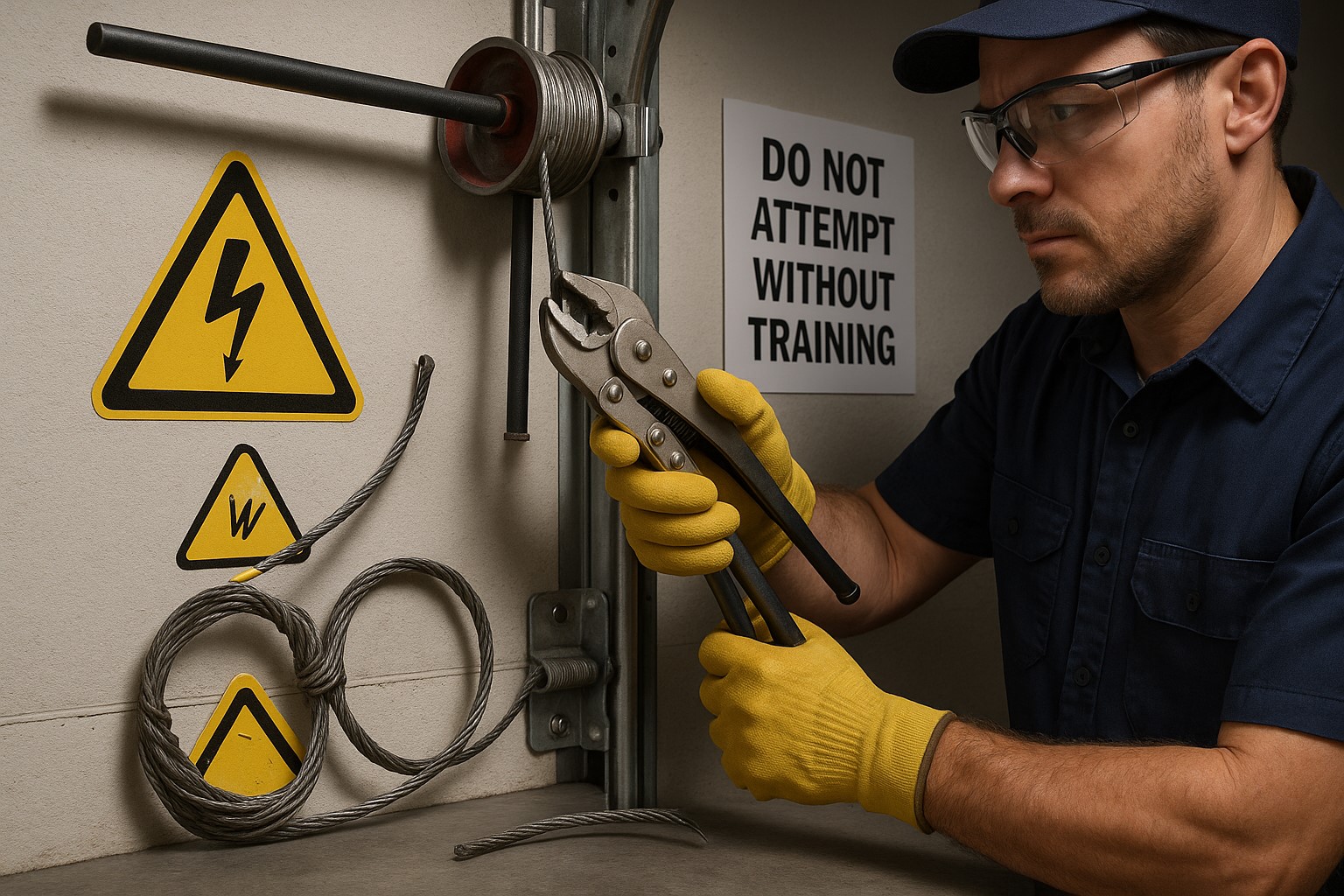 Professional technician repairing a high-tension garage door cable near warning signs, emphasizing that garage door cable replacement should not be attempted without proper training.