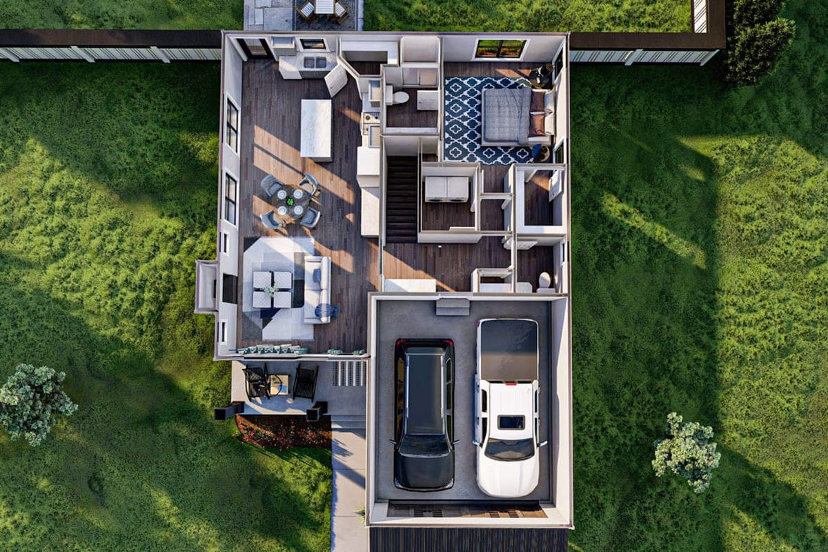 3D floor plan of the single-story 1-bedroom craftsman farmhouse.