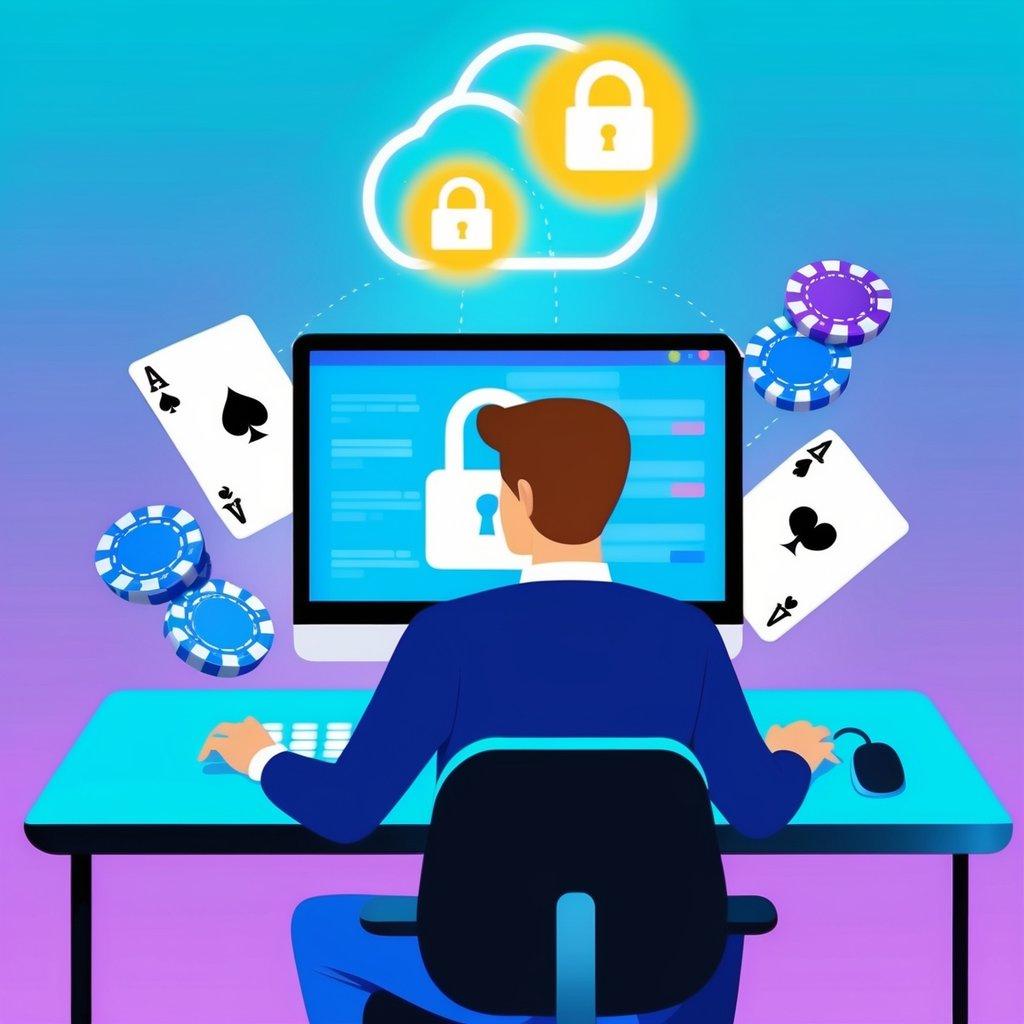 A person sitting at a computer, with a padlock symbolizing security, surrounded by virtual casino chips and cards, while a VPN connection icon glows in the background