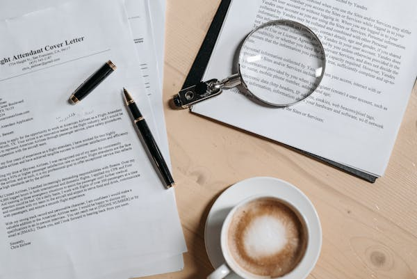 Magnifying glass on cover letter with coffee cup and a pen on marble desk