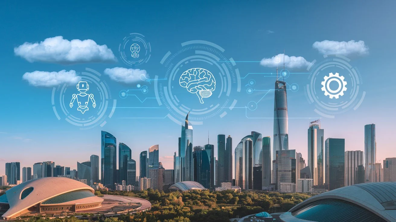 Futuristic city with AI and cloud icons in the sky, symbolizing future trends in SaaS