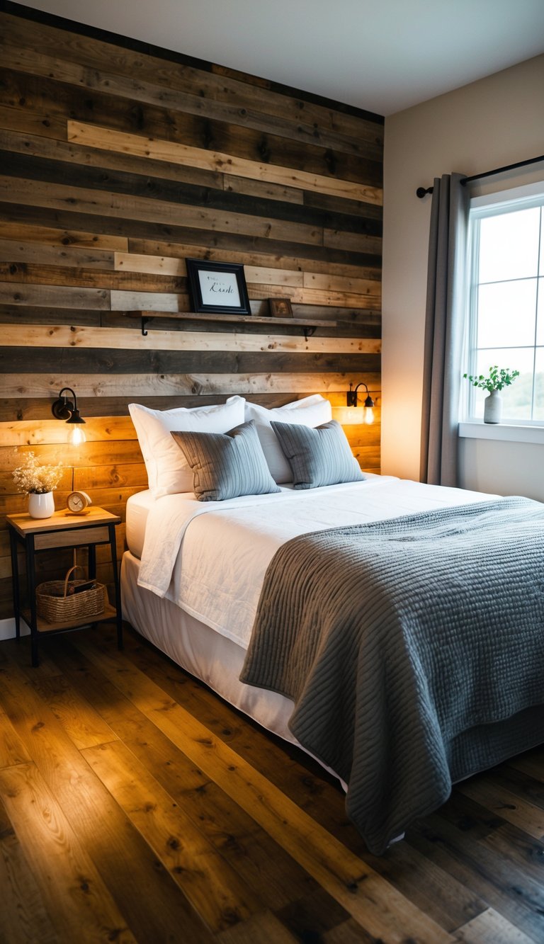 A cozy farmhouse bedroom with a rustic reclaimed wood accent wall, warm lighting, and simple decor