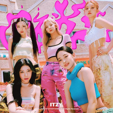 This contains an image of ITZY group members posing in front of pink graffiti