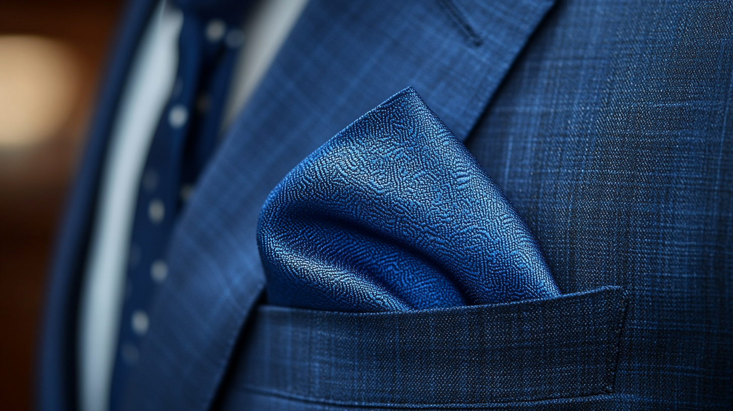 A close-up of a light blue, navy, or cobalt blue pocket square folded neatly in the pocket of a suit. The light blue offers a soft, fresh touch, while the navy or cobalt blue adds a more sophisticated, refined appearance. Soft lighting highlights the smooth texture and depth of the blue fabric, complementing a variety of suit colors. The look is polished and versatile, making it perfect for both formal and semi-formal events.