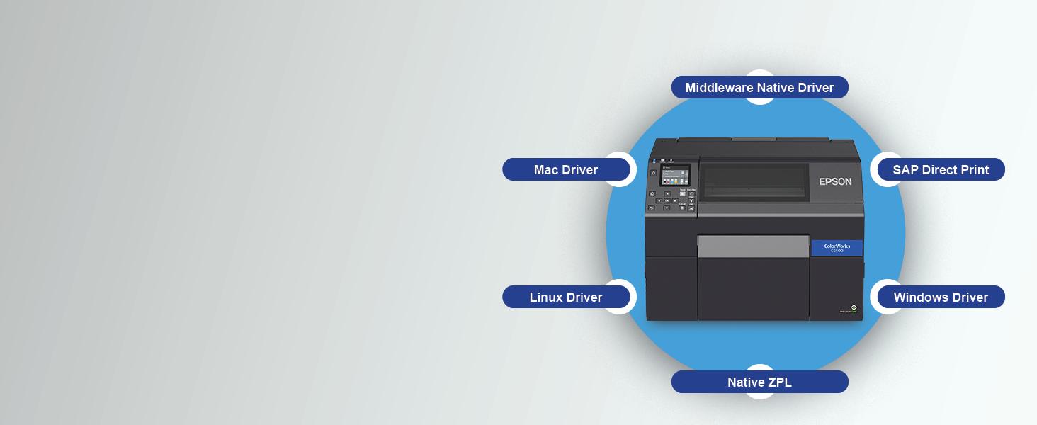 Epson ColorWorks C6500 label printer shown with various driver compatibility options