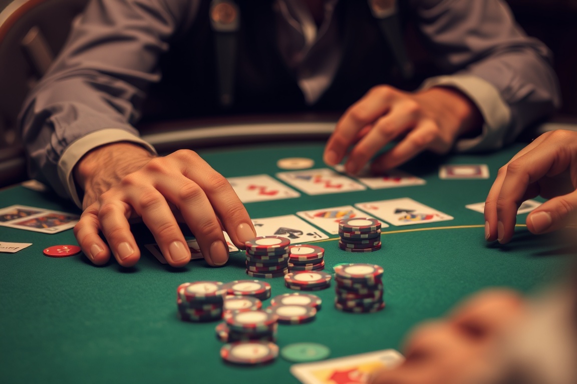 A player places chips on the table while looking at their cards.