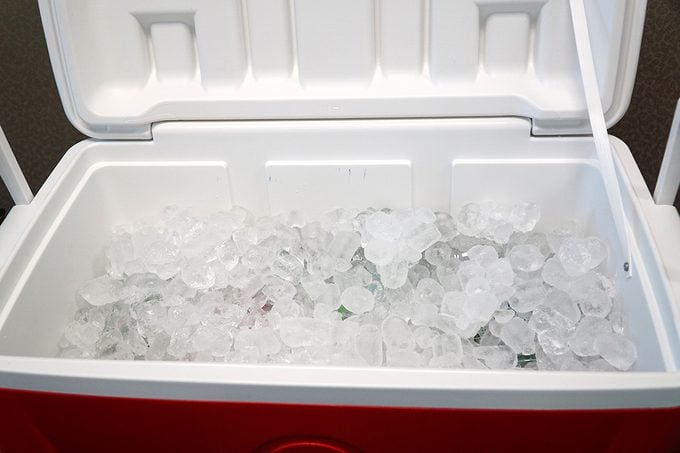 close up on ice inside cooler