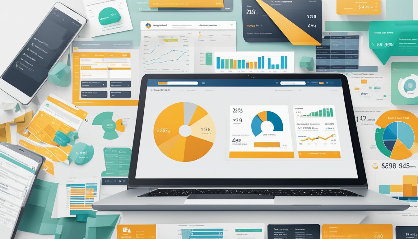 A laptop displaying the Amazon seller dashboard with various product listings and sales data