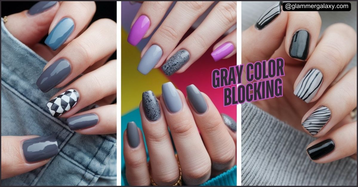 Various gray nail art designs on fingers, including matte, glossy, and patterned finishes.