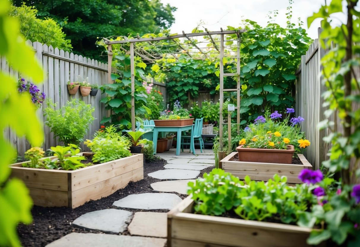 A colorful garden with homemade elements like a stone path, wooden planter boxes, and a trellis covered in climbing vines