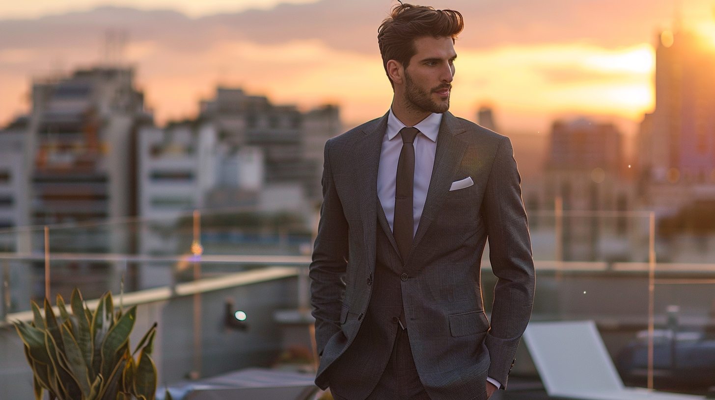 Man in a slim fit suit, closely tailored with narrow lines, sharp silhouette, modern setting like rooftop or city wedding, minimalist accessories.