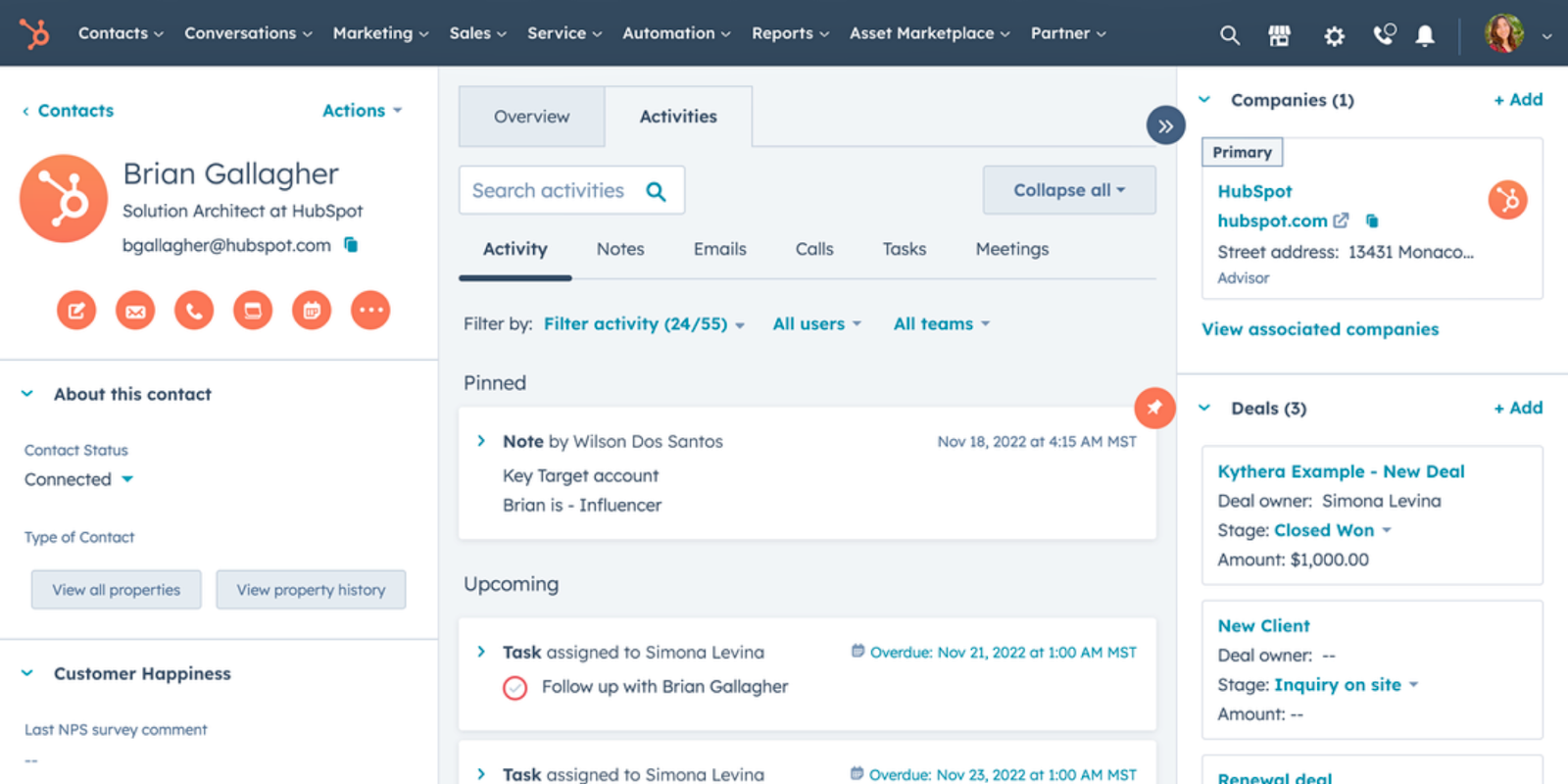 Image of HubSpot CRM’s interface, emphasizing its data syncing and centralization features that provide all departments with up-to-date information.