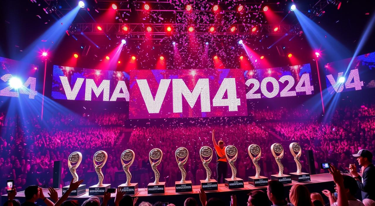 A glamorous stage adorned with vibrant lights and an energetic crowd, showcasing a collection of shimmering awards symbolizing the VMA winners of 2024; the atmosphere is electric with confetti falling from above, reflecting a celebration of music excellence.