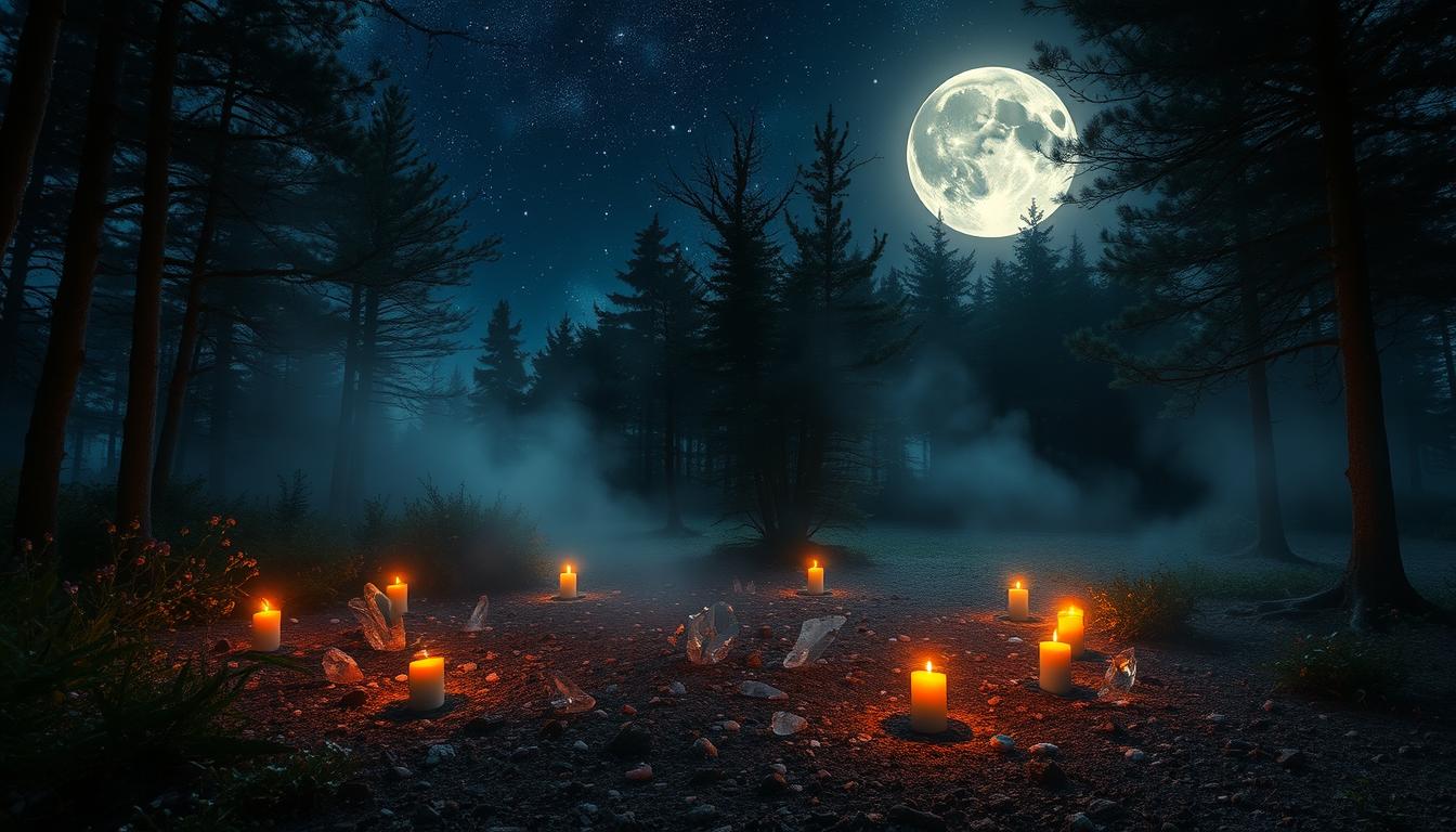 A mystical forest clearing illuminated by a full moon, vibrant crystals scattered on the ground, glowing candles arranged in a circle, shimmering silver mist swirling around, intricate patterns of starry night sky above, soft ethereal light filtering through the trees, enchanting atmosphere of magic and tranquility.