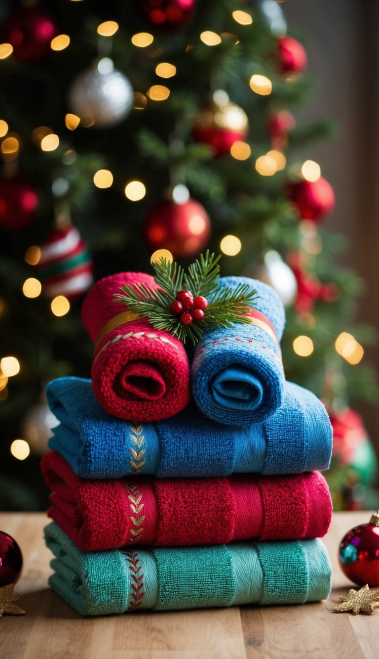 A stack of colorful embroidered hand towels arranged with festive holiday decorations