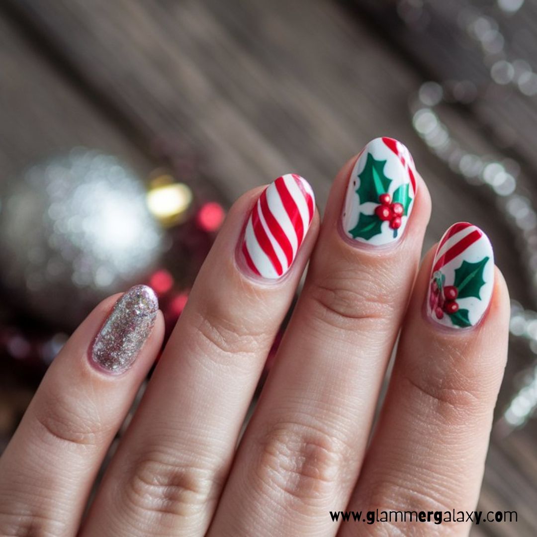 Cute Winter Nails having Mistletoe Motifs
