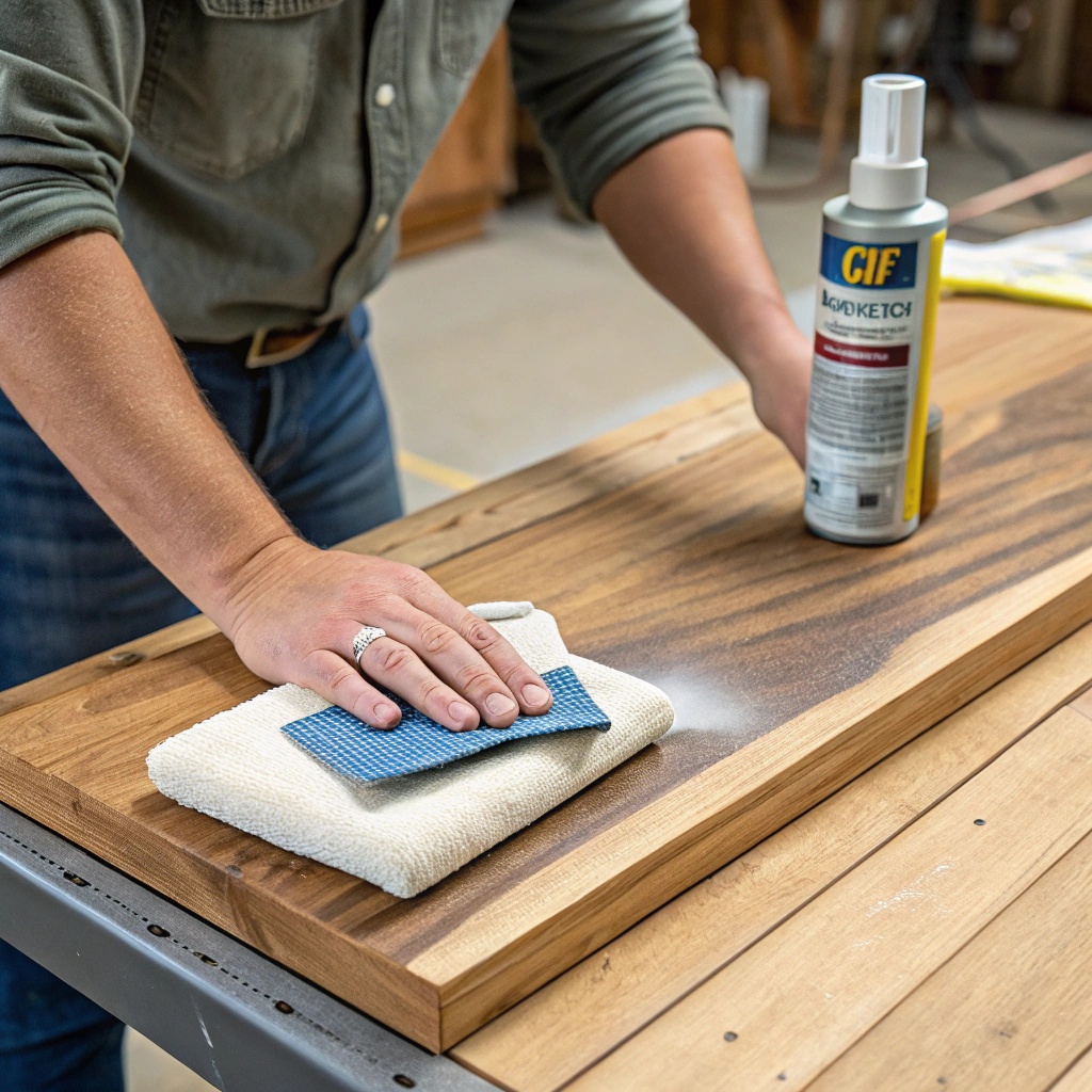 Ponçage d’une surface en bois avec du papier de verre à grain fin pour préparer l’application de peinture en aérosol.


