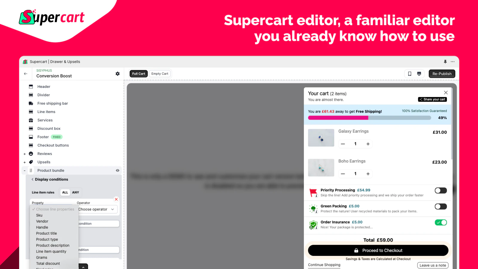 Supercart editor interface showcasing a user-friendly cart editor for Shopify, allowing merchants to add upsells, product bundles, free shipping bars, services, and discounts to boost AOV and conversion rates easily.