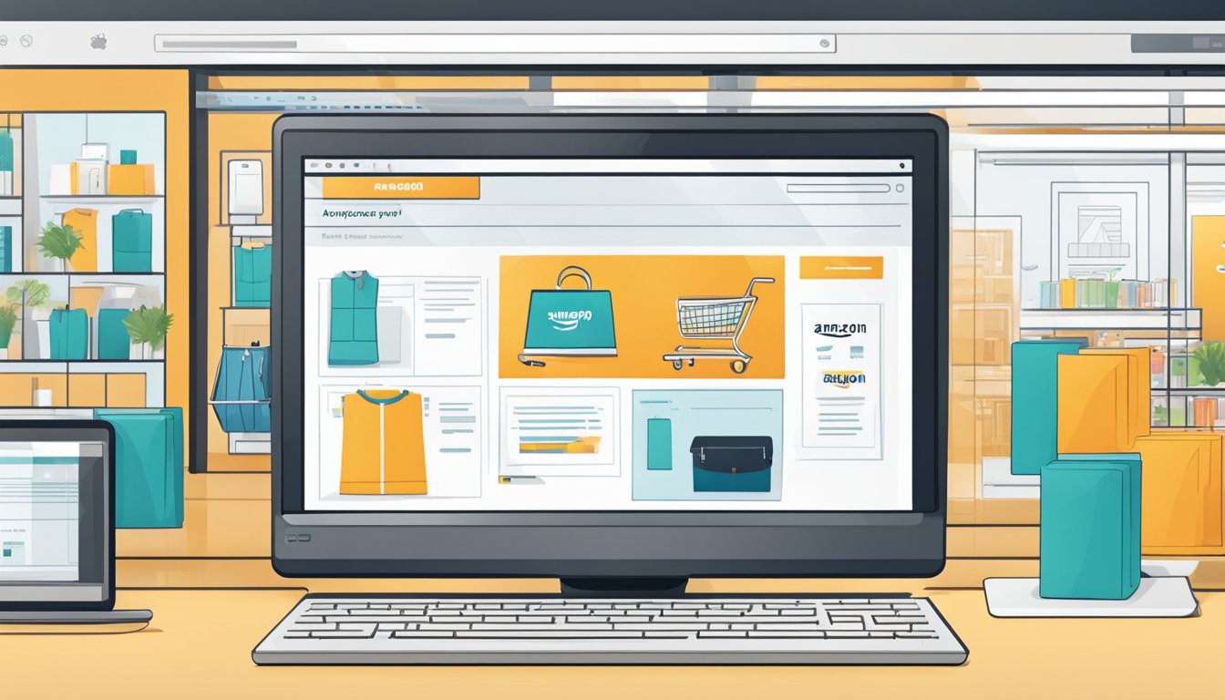 A computer screen with Amazon storefront open, showing the process of adding an item to the storefront. Brand logo visible