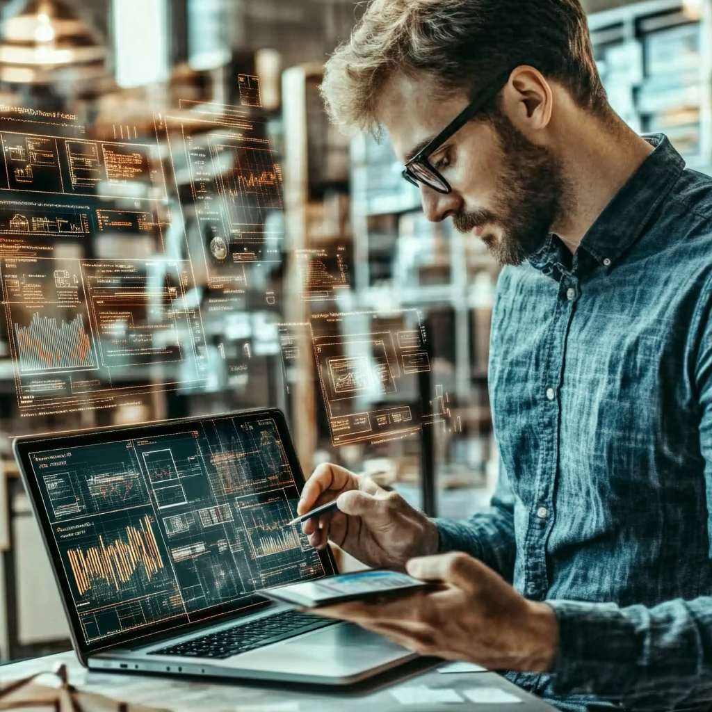 Leader using assessment tools on a sleek laptop to evaluate their transformational leadership traits in a high-tech, modern office environment.