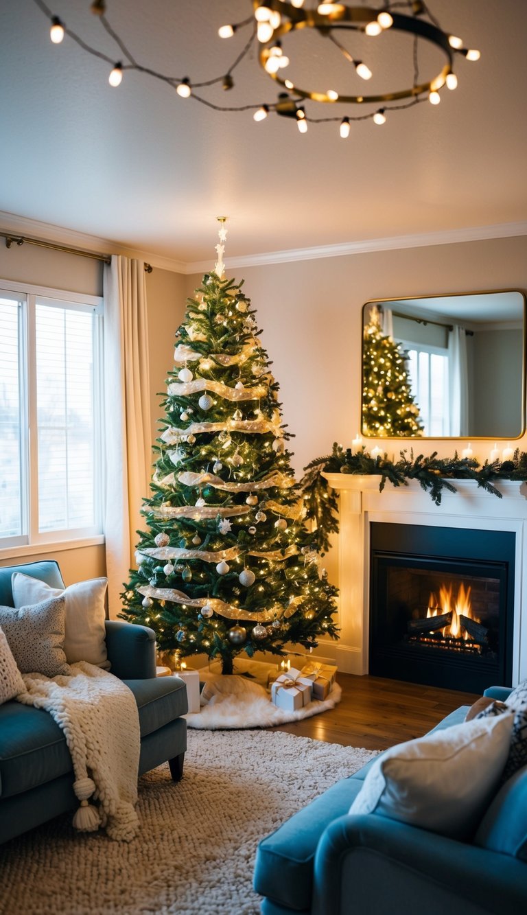 A living room adorned with twinkling lights, a crackling fireplace, and a Christmas tree surrounded by cozy blankets and plush pillows