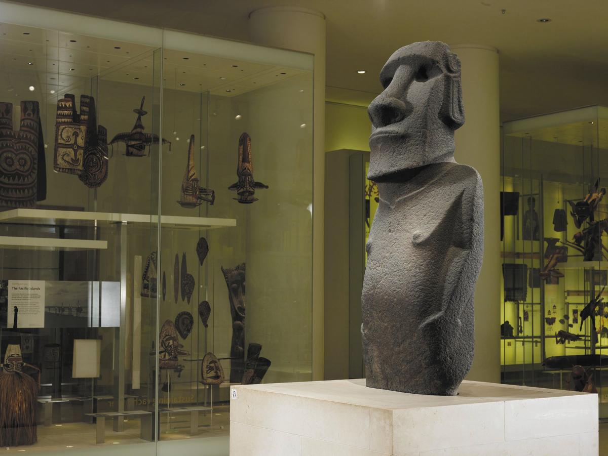 A photo of the Hoa Hakananai'a of Easter Island in a museum.