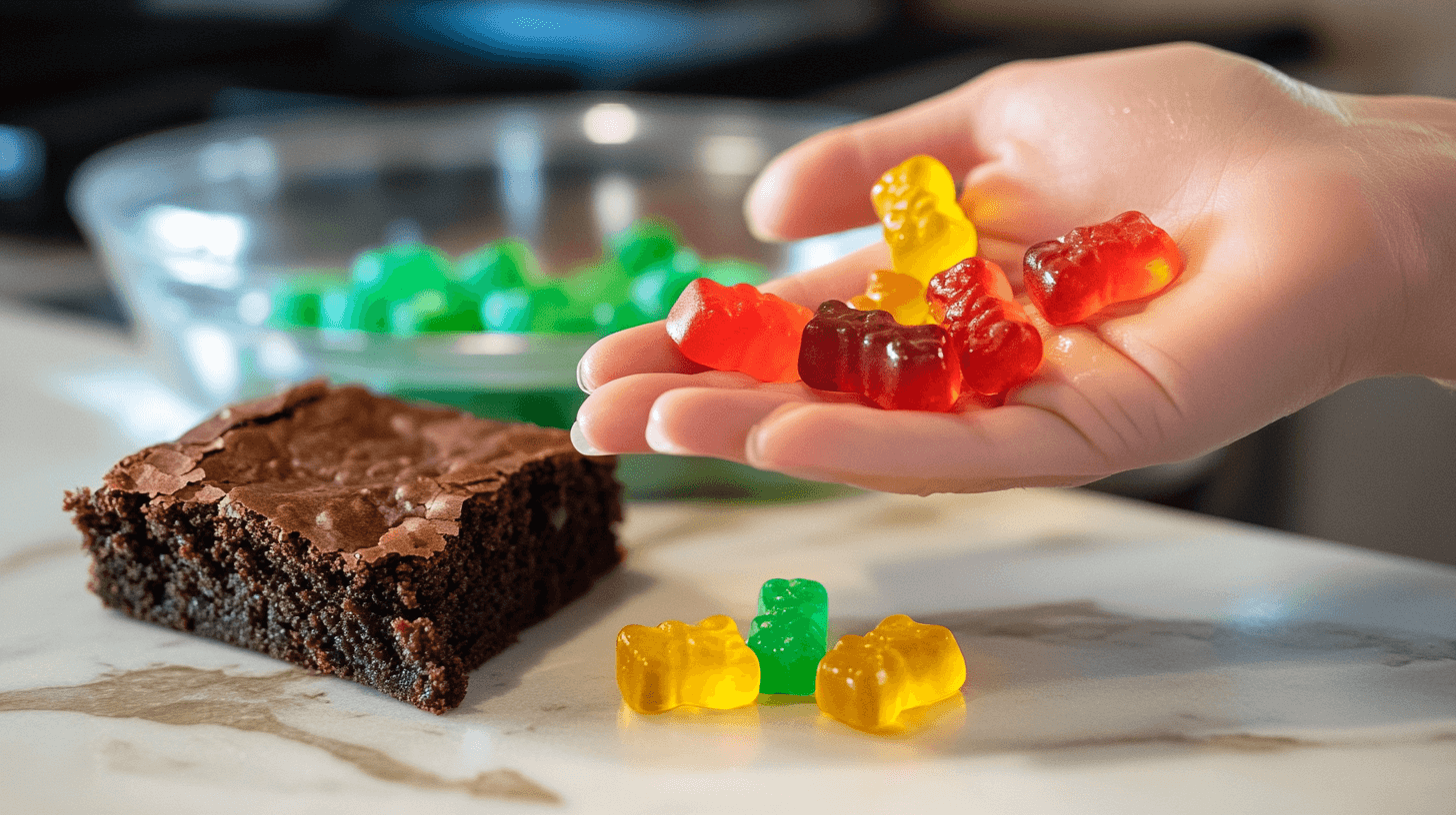 Cannabis edibles including gummies and brownies on table