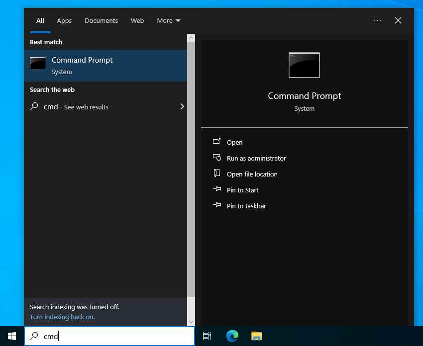 Screenshot of how to launch Command Prompt from the Start Menu