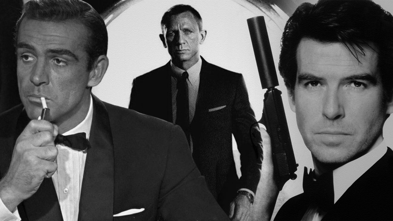 Montaje en blanco y negro de los actores que interpretaron a James Bond: Sean Connery, Daniel Craig y Pierce Brosnan. Cada actor aparece en una pose icónica, con Daniel Craig en el centro y Sean Connery y Pierce Brosnan a los lados, representando la evolución del personaje.