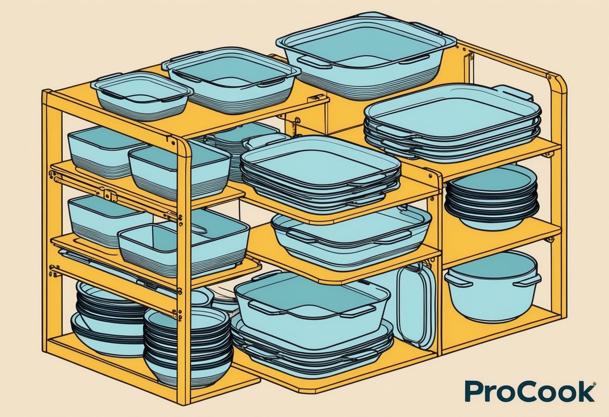 A kitchen with neatly organized ProCook Stoneware Oven Dishes in various sizes, stored in smart, space-saving solutions