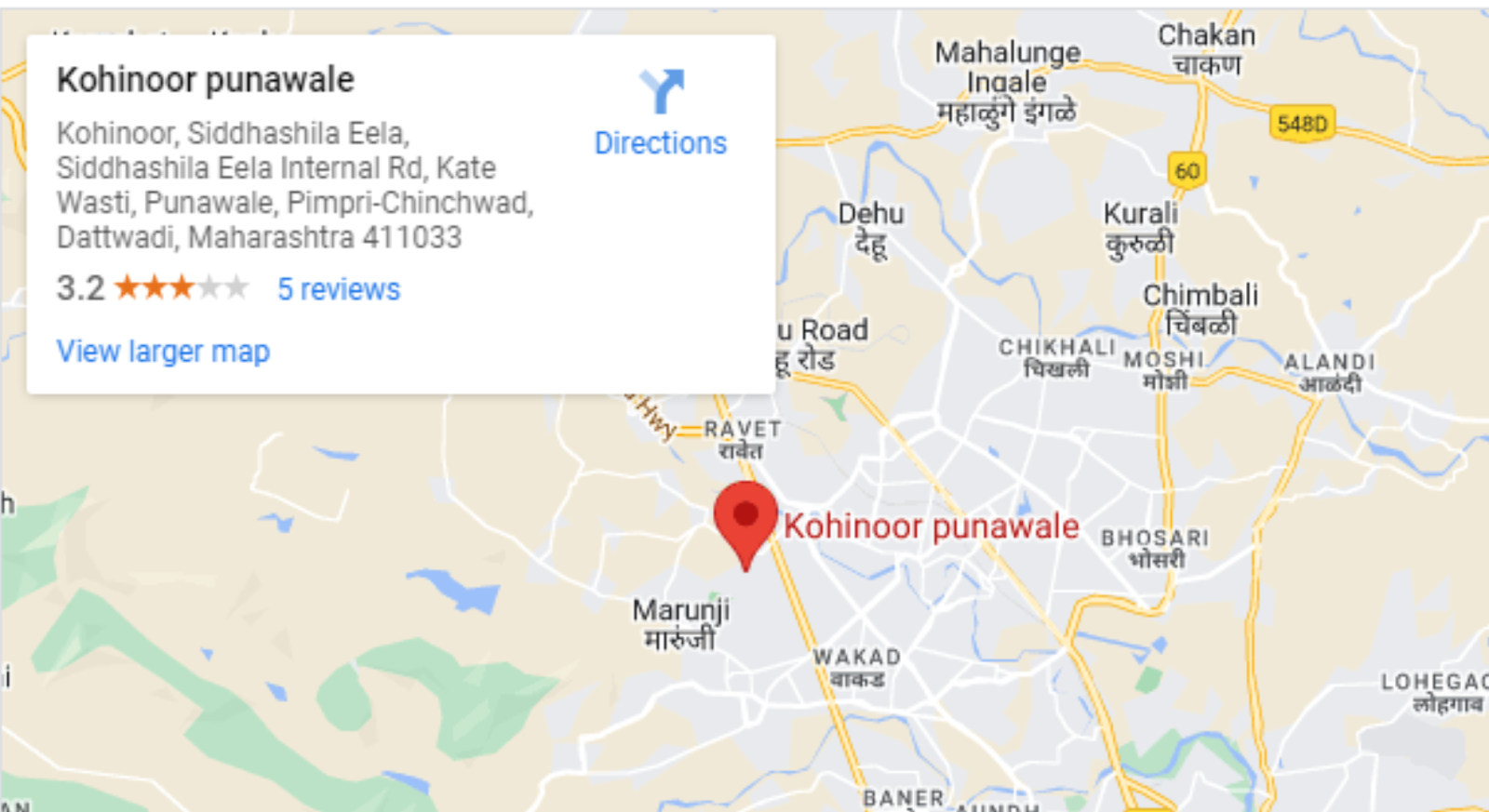 Kohinoor Punawale location on Google Maps.