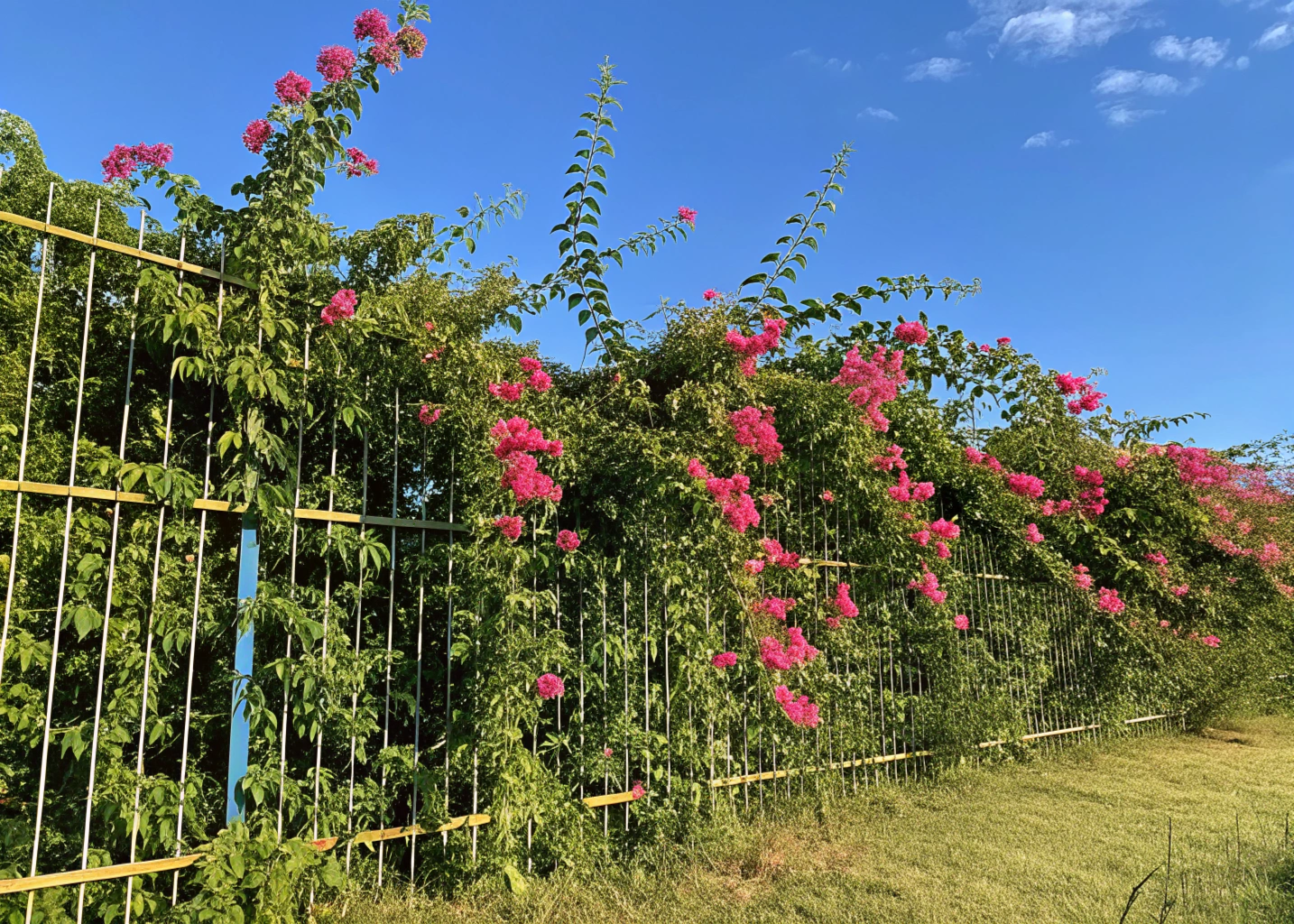 Bougainvillea glabra com flores rosa em uma cerca no jardim