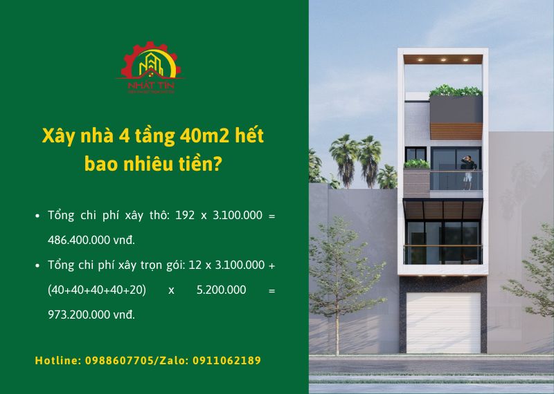 Xây nhà 4 tầng 40m2 hết bao nhiêu tiền Xây dựng Nhất Tín