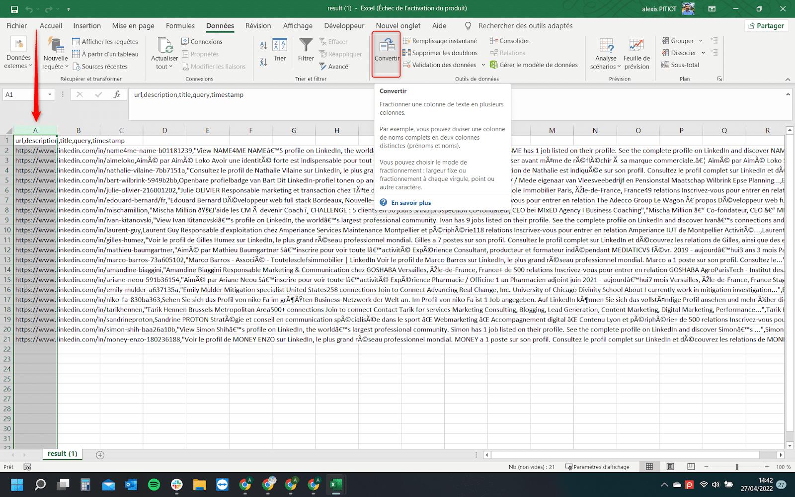 Hoja de datos de Facebook en formato CSV